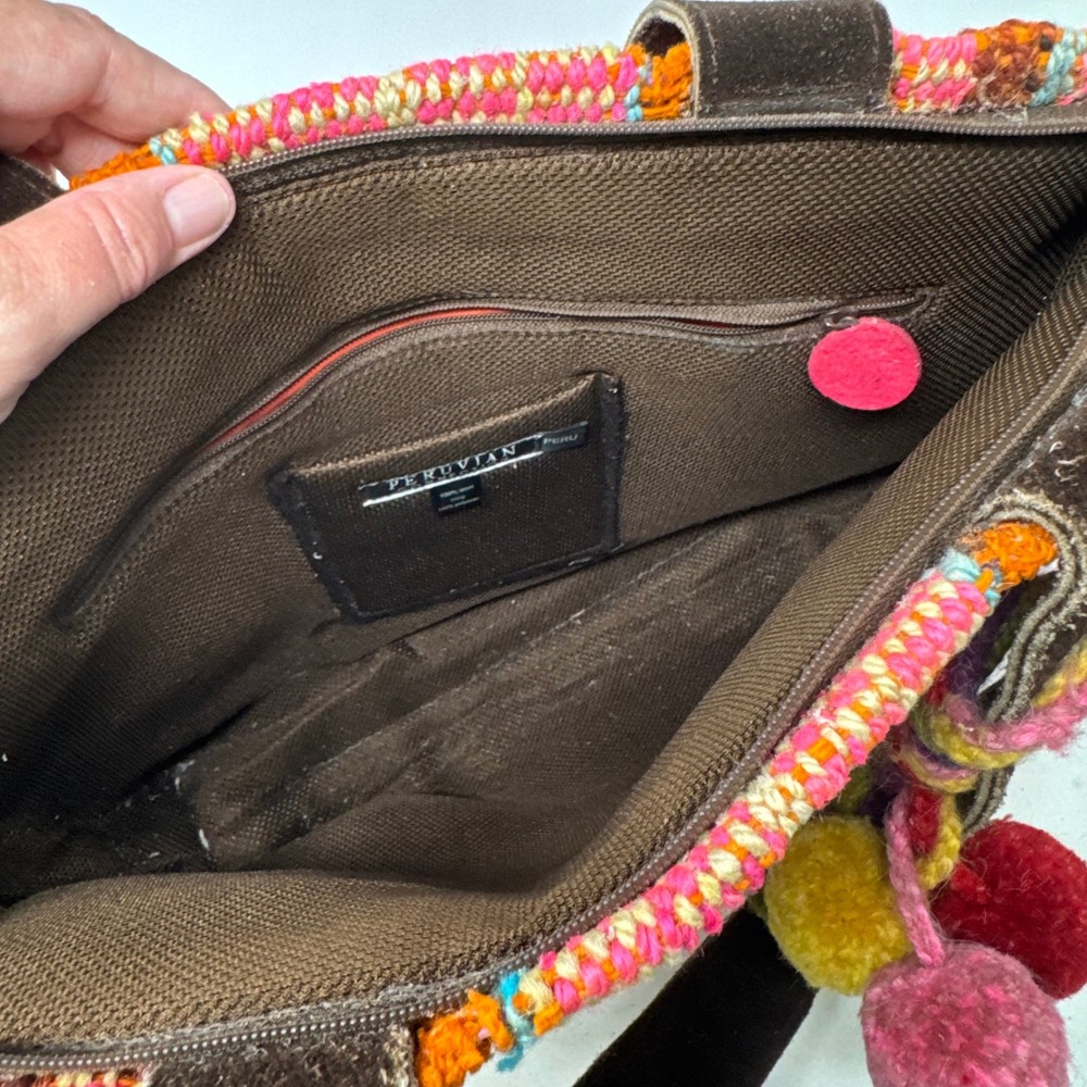 Peruvian Connection Handwoven Tote Bag Pink Striped Wool Pom Pom Boho Artisan - Picture 5 of 12